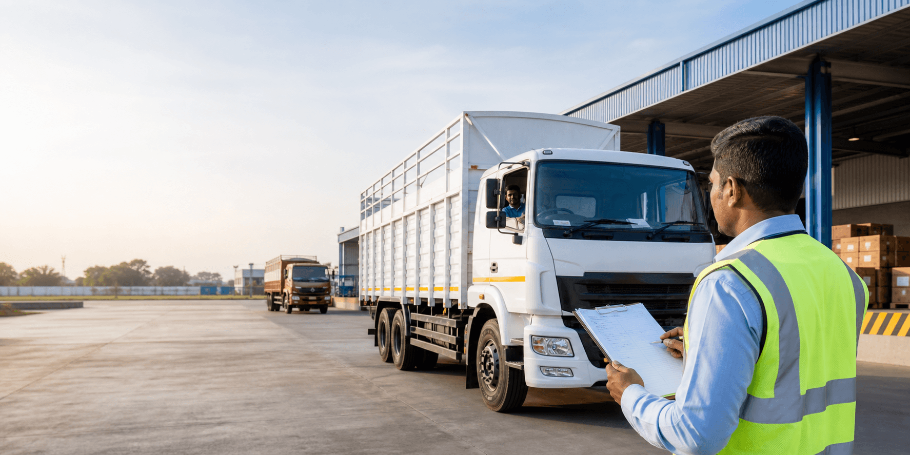 Dispatcher preparing a lorry receipt beside cargo trucks at a logistics hub